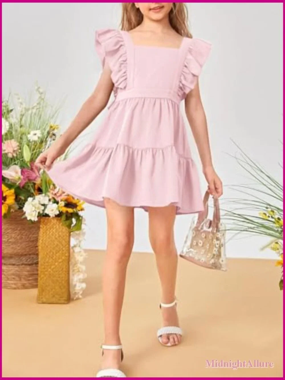 Square Neck Ruffle Sleeve A-line Swing Mini Dress 5-14Y